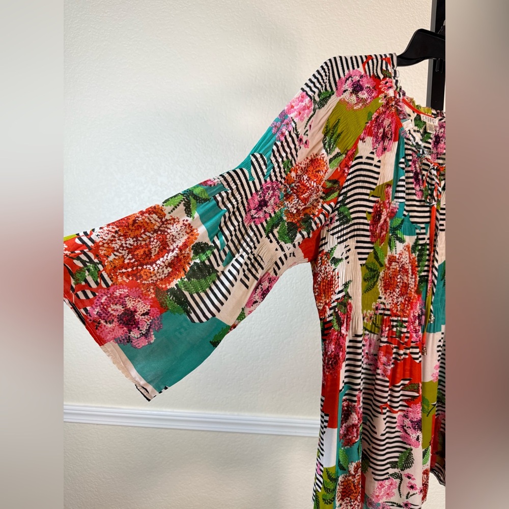 Bohemian Bright Floral Tunic Top Lightweight Stretch Blouse Ruffle Modest Office - Picture 3 of 11